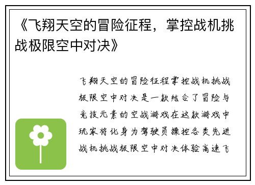 《飞翔天空的冒险征程，掌控战机挑战极限空中对决》