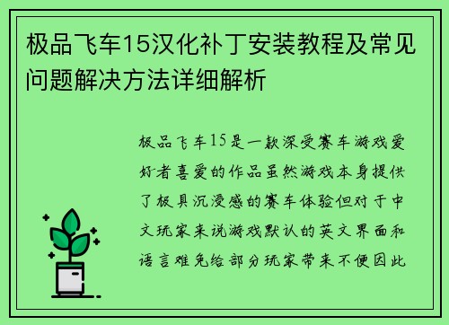 极品飞车15汉化补丁安装教程及常见问题解决方法详细解析